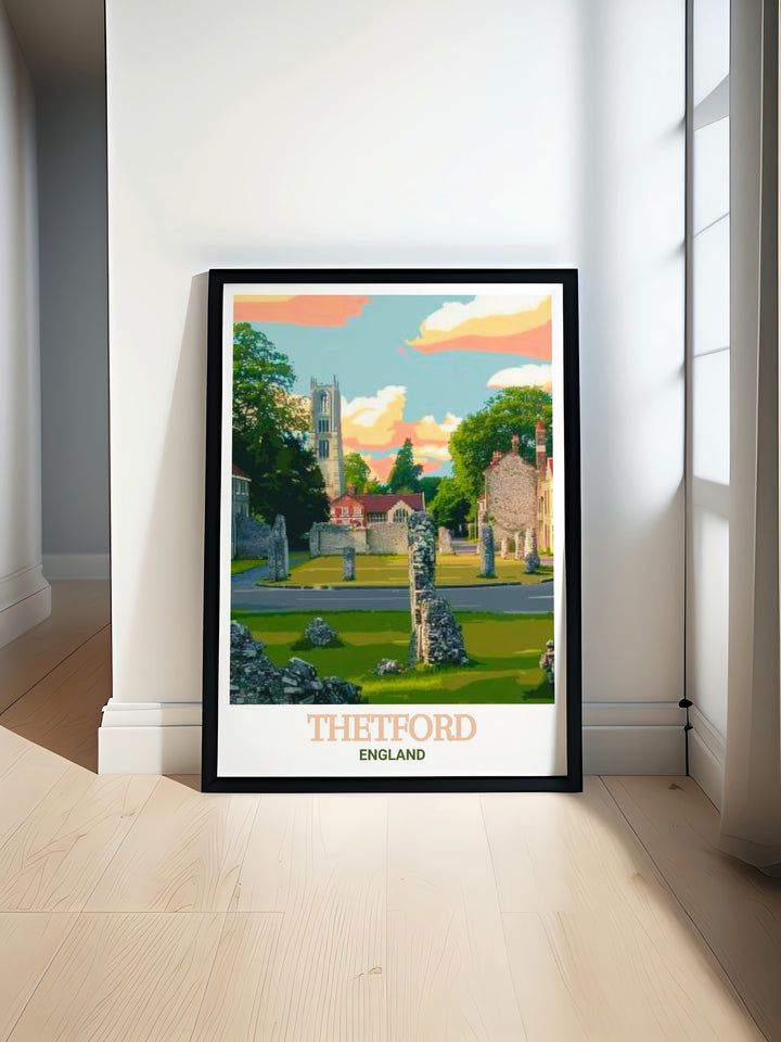 Adorn your walls with this vintage style poster of Thetford Priory. The detailed illustration captures the enduring beauty of this historic site, making it a perfect addition to any space that values history and elegance.