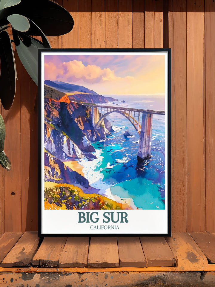Big Surs dramatic coastline and the elegant arch of Bixby Creek Bridge are beautifully depicted in this art print, making it a versatile piece for any home decor.