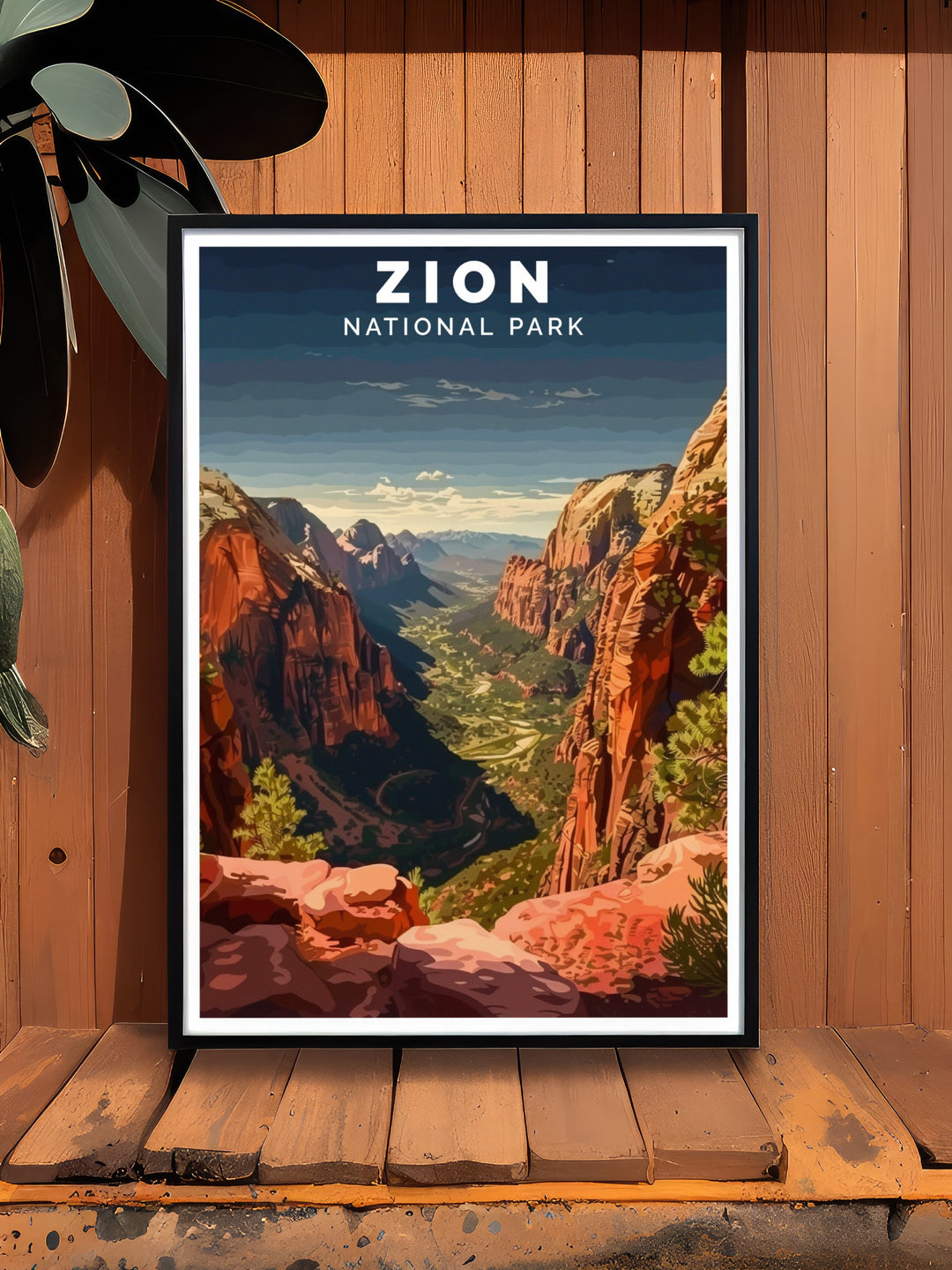 A Zion vintage poster that honors the allure of Angels Landing while celebrating the parks unique geological features. This travel print serves as a reminder of the extraordinary sights found in this breathtaking area.