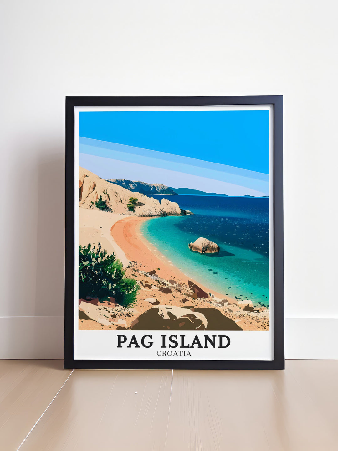 Experience the serenity of Croatia with this Pag Island Print from the Adriatic region Lokacija a beautiful wall poster that adds a touch of elegance to any room perfect for creating a calm and inviting atmosphere in your living space.