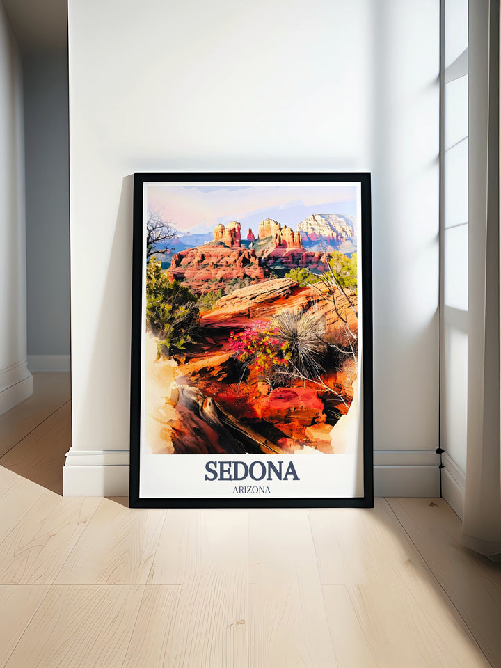 Sedona Print showcasing Cathedral Rock and Bell Rock with vibrant colors and intricate details ideal for adding a touch of Arizonas natural beauty to your space.