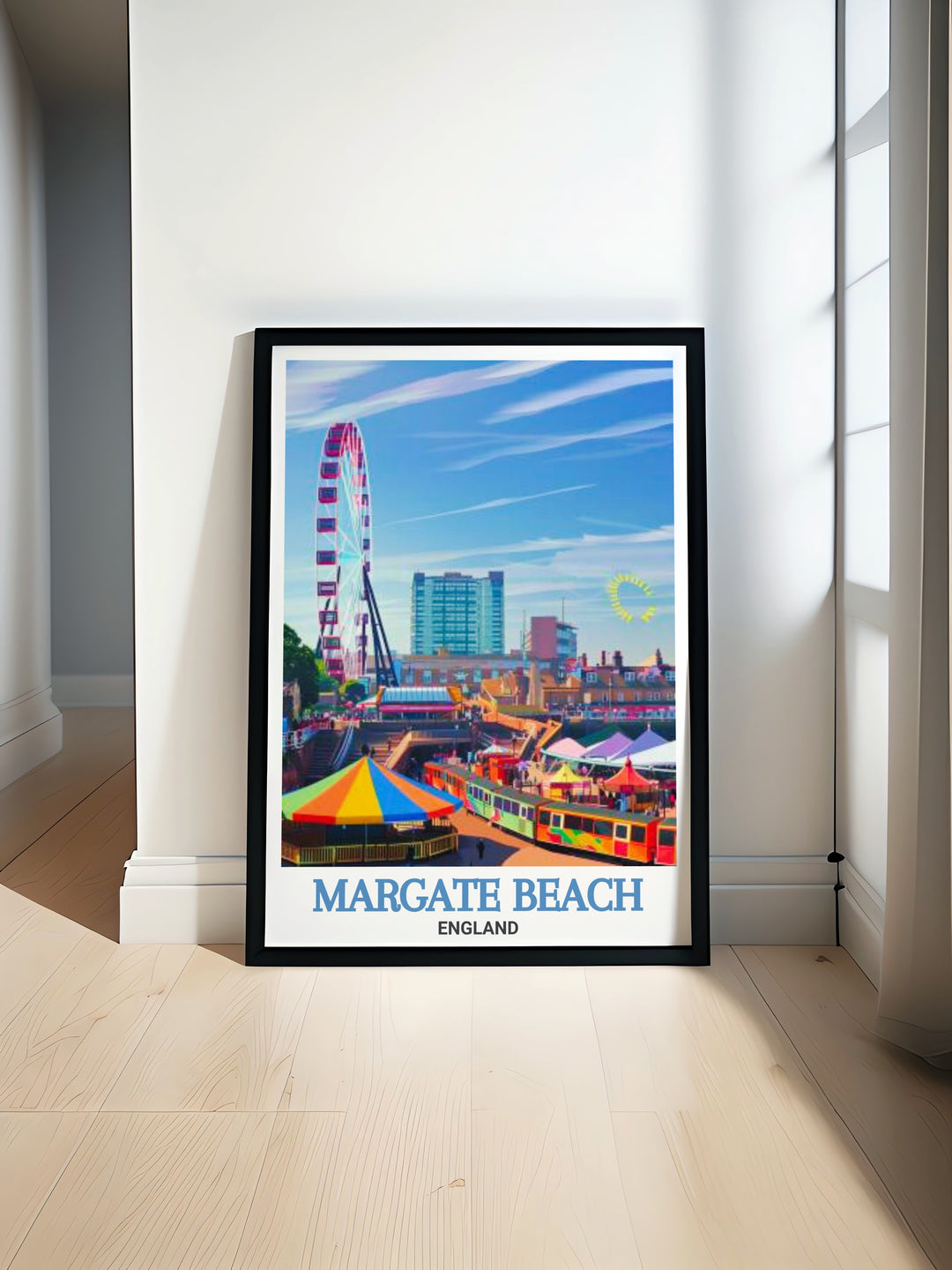 This Margate Beach Travel Print brings the nostalgia of Dreamland Margate to life, alongside the beauty of Margate Beach and Harbour Arm. Perfect for lovers of vintage vibes and coastal decor, this art print is a must have for any seaside enthusiast.