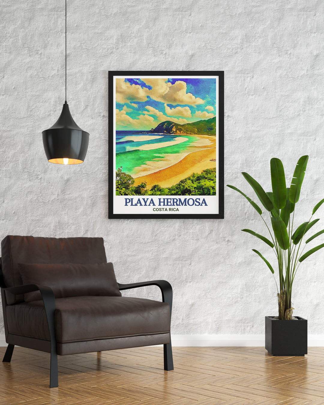 Costa Rica Travel Poster featuring Playa Hermosa Beach perfect for anyone who loves travel and beach decor vibrant colors and intricate details make this a standout piece of wall art for your living room or bedroom