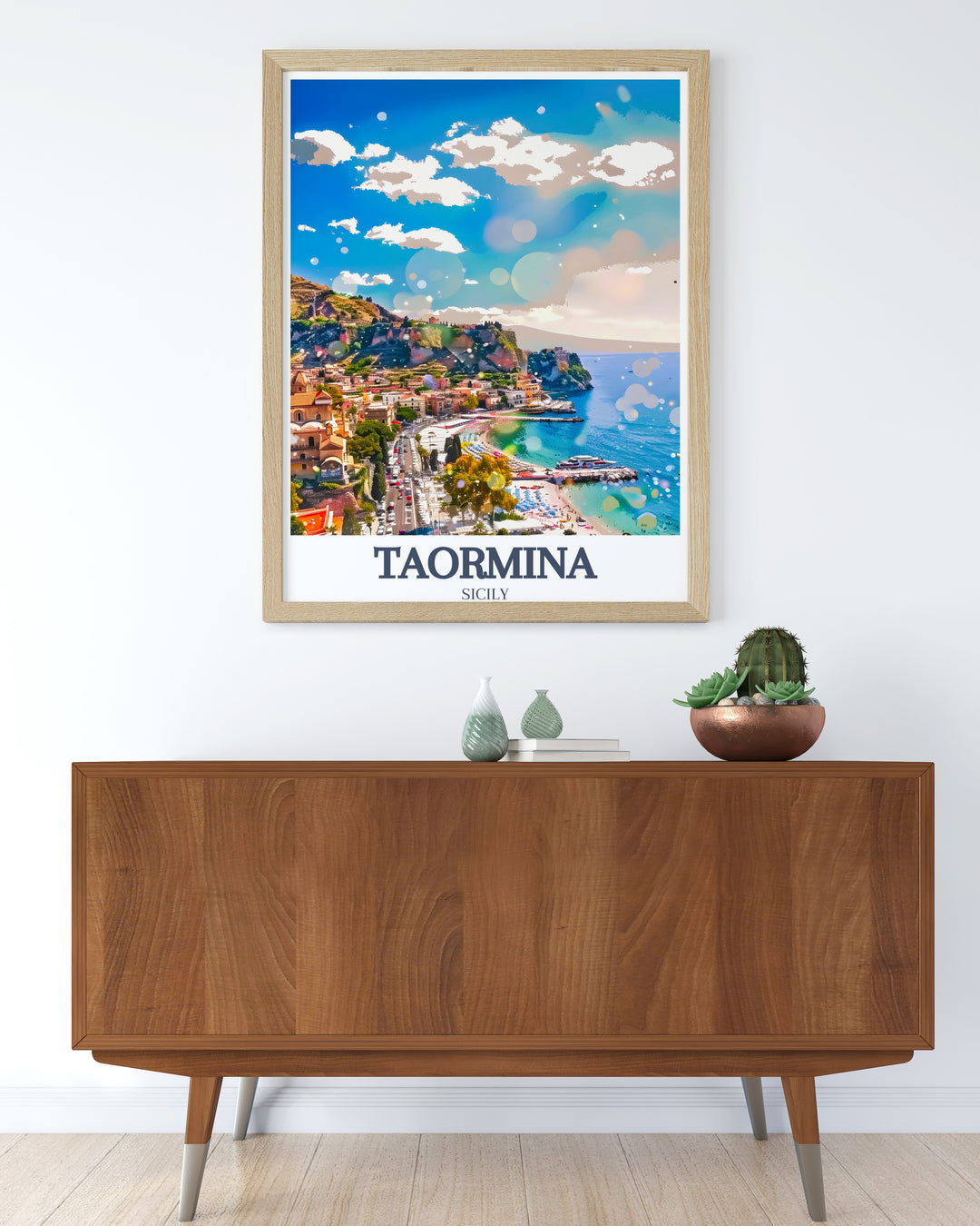 Modern Italy art featuring Taormina Beach and Isola Bella. This beautiful print captures the scenic beauty of Taorminas beaches and the lush Isola Bella. A stylish choice for Italy wall decor and a perfect addition to any living space.