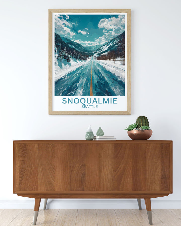 Immerse yourself in the adventurous spirit of Snoqualmie with this travel poster, highlighting the iconic slopes and the welcoming ambiance of Snoqualmie Pass Lodge.