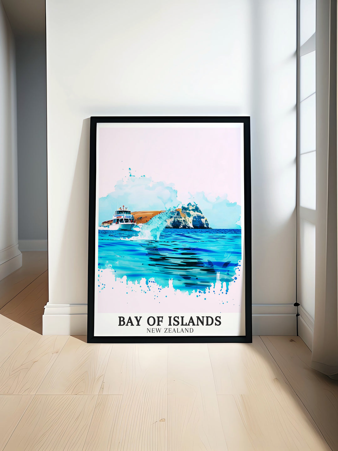 Bay of Islands Travel Poster featuring Marine Reserve Motukokako Island showcasing the vibrant landscapes and serene waters of this iconic New Zealand destination perfect for enhancing any space with stunning New Zealand wall art and decor capturing the beauty of nature.