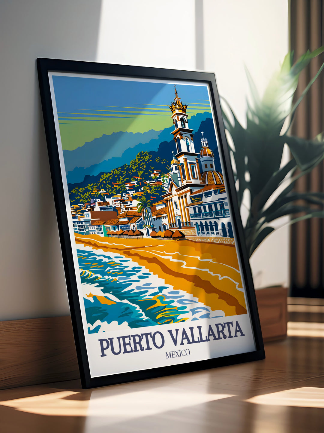 Digital Download of Puebla Wall Art capturing the lively spirit of Mexicos historic city paired with Puerto Vallarta beach Our Lady of Guadalupe Church framed prints for timeless beauty