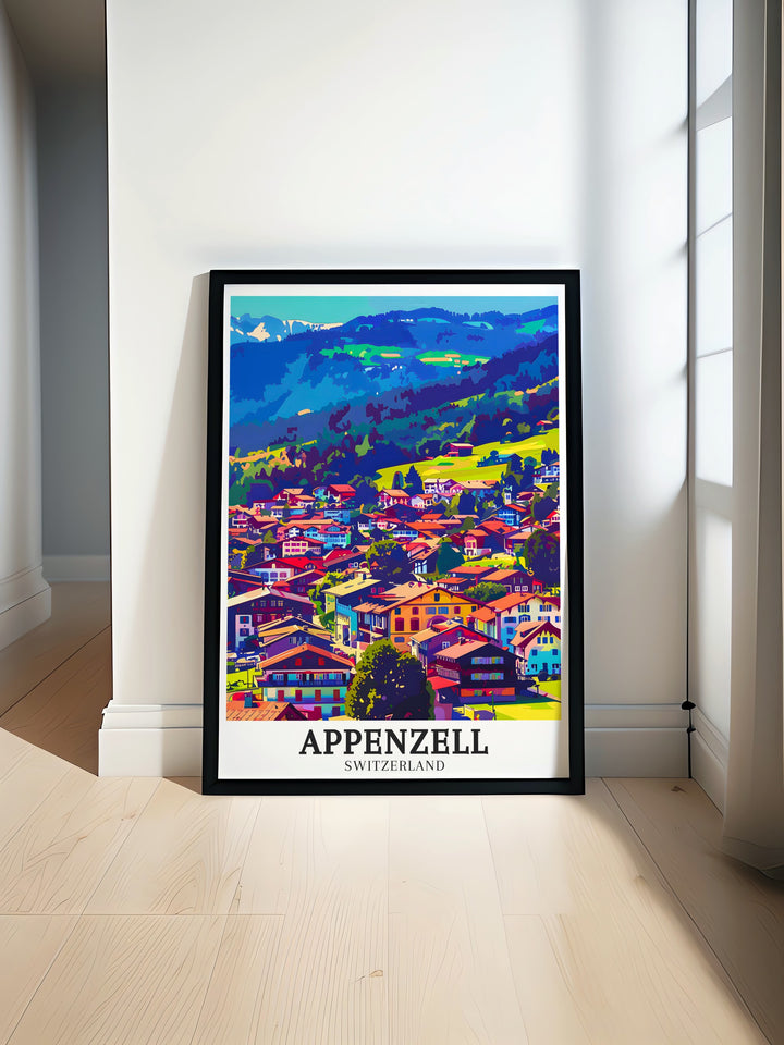 Appenzell vintage poster celebrating the traditional architecture and charming streets of this Swiss village, with the towering Alpstein massif providing a stunning backdrop. Perfect for adding a touch of Swiss culture to your home.