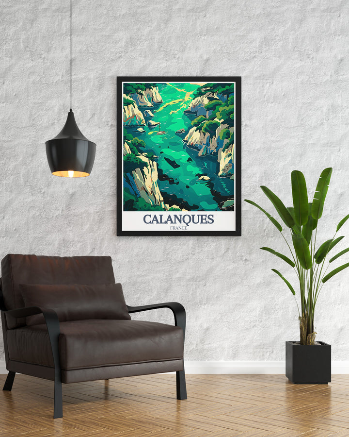 Calanque de Sormiou and Calanque de Morgiou modern prints make the perfect addition to your home decor whether as framed prints or wall art showcasing the stunning coastal landscapes of Marseille and the Mediterranean for a touch of elegance in any room.