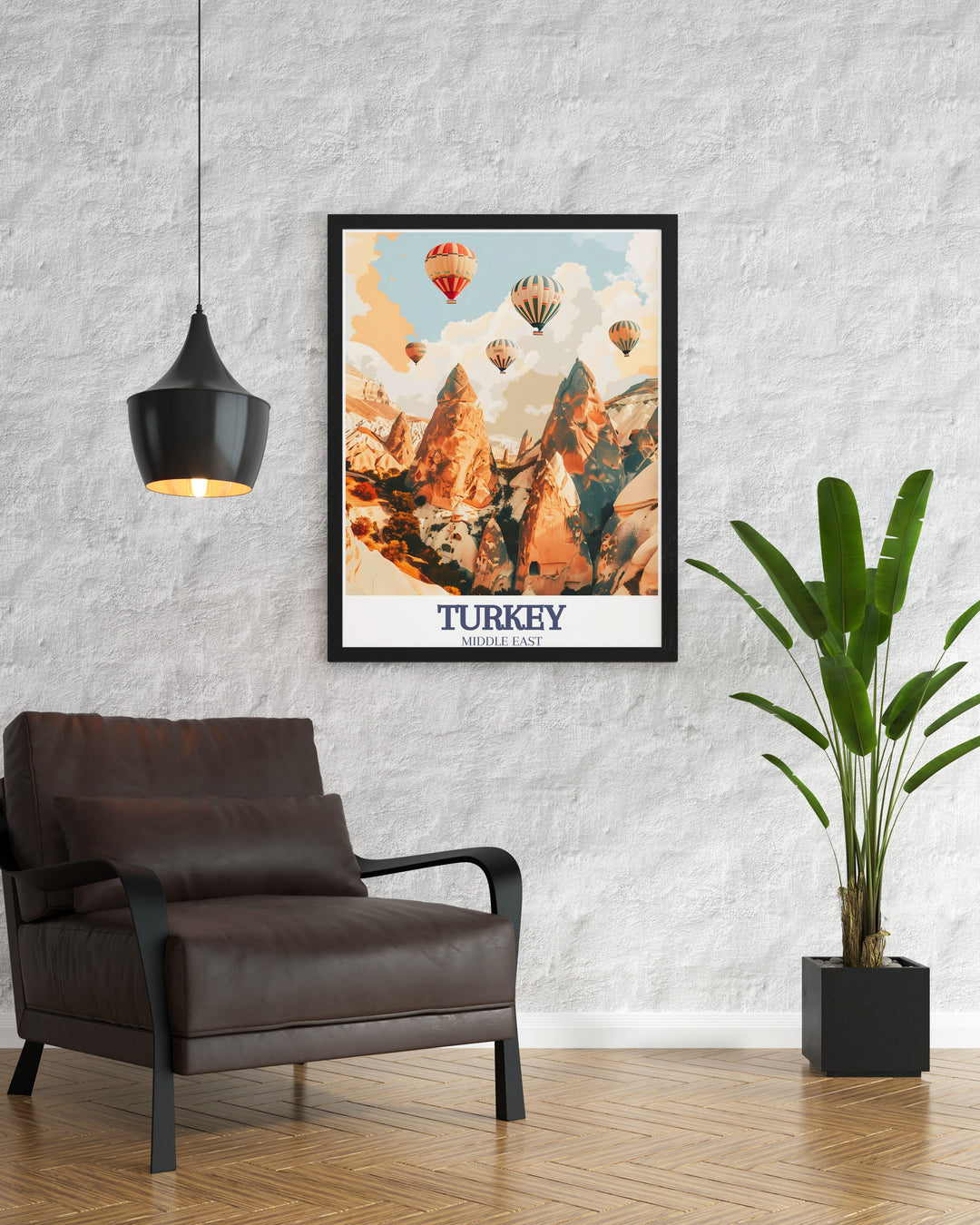 Add a piece of Turkeys iconic landscapes to your art collection with this travel poster of Cappadocias Monks Valley. The detailed depiction of the fairy chimneys and rugged scenery make it a striking addition to any room.