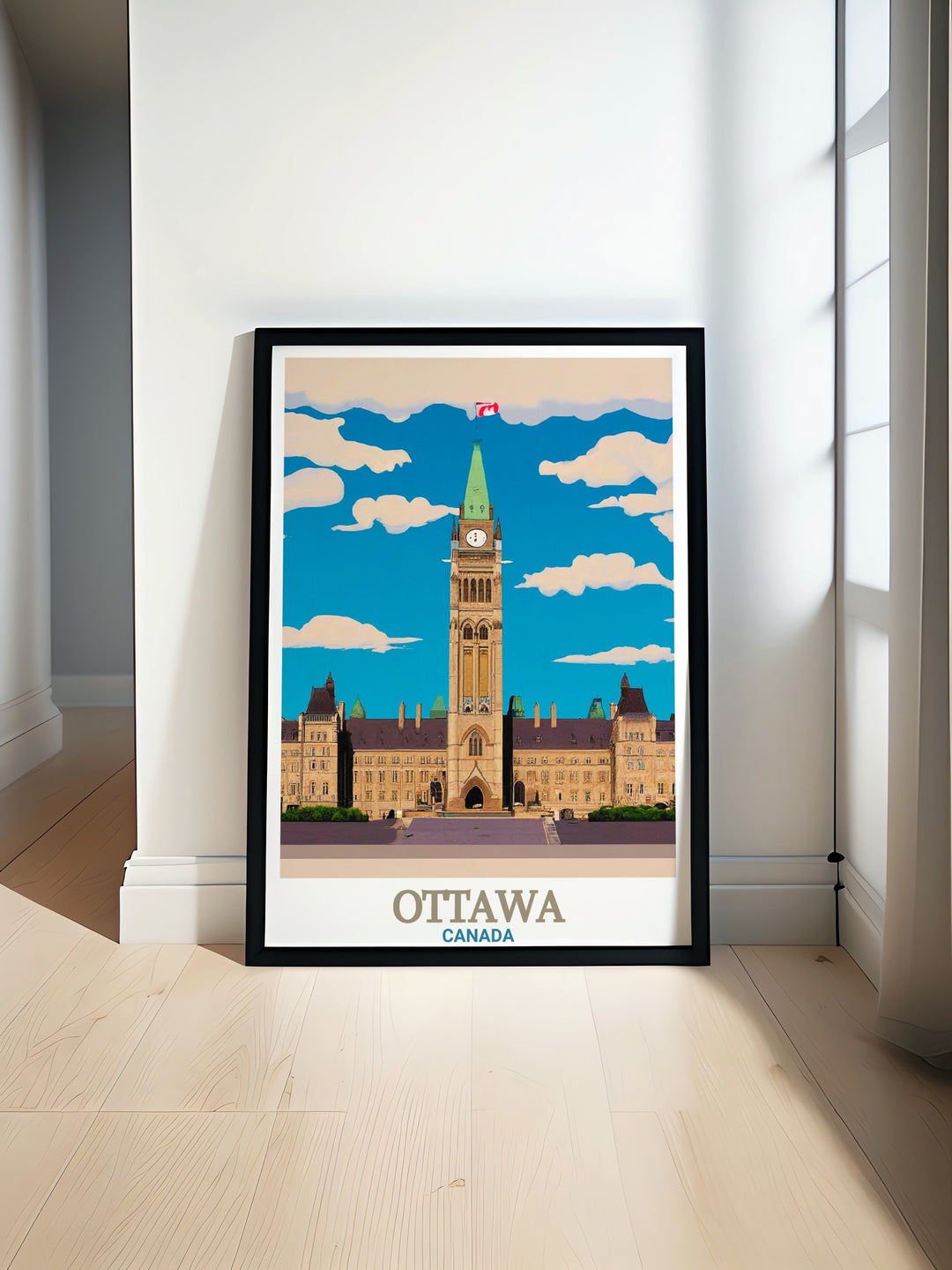 Canada poster featuring Parliament Hill in Ottawa perfect for home décor and travel enthusiasts. This stunning artwork showcases Ottawas iconic landmark and offers a beautiful depiction of the citys rich history and architectural beauty.
