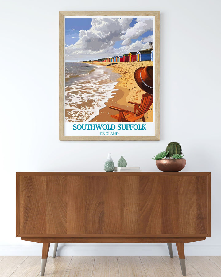 Capture the essence of Southwolds seaside charm with this art print, highlighting the iconic beach huts and the gentle waves lapping at the shore.