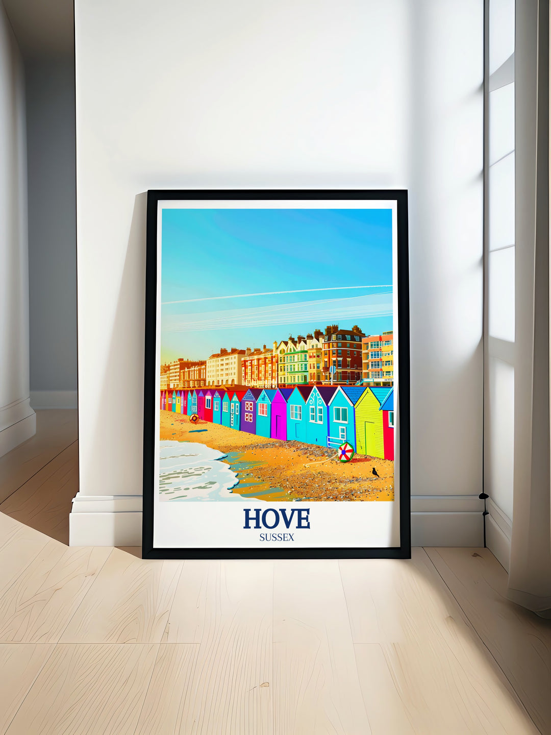 A detailed art print of Hove Bathing Cottages, showcasing the vibrant colors and classic English architecture against the serene backdrop of the English Channel. Perfect for adding a touch of coastal elegance to any room.