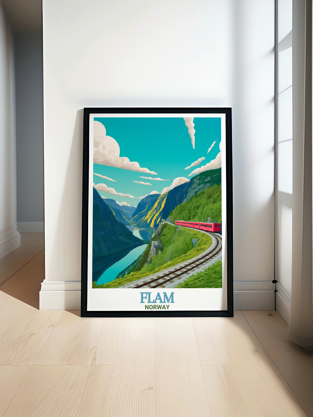 This Flam poster print captures the scenic beauty of Norways Flåmsbana railway, surrounded by fjords and mountains. Perfect for nature and train enthusiasts, this Norway travel print showcases the iconic Flåmsbana journey and the breathtaking landscapes that accompany it.