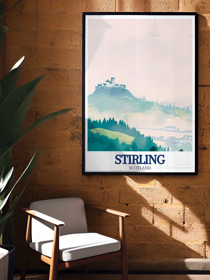 Our detailed art print of Stirling Castle and the Old Town showcases the citys historic charm and architectural beauty. The artwork is perfect for anyone looking to celebrate Scotlands rich past or enhance their space with meaningful and timeless wall art.