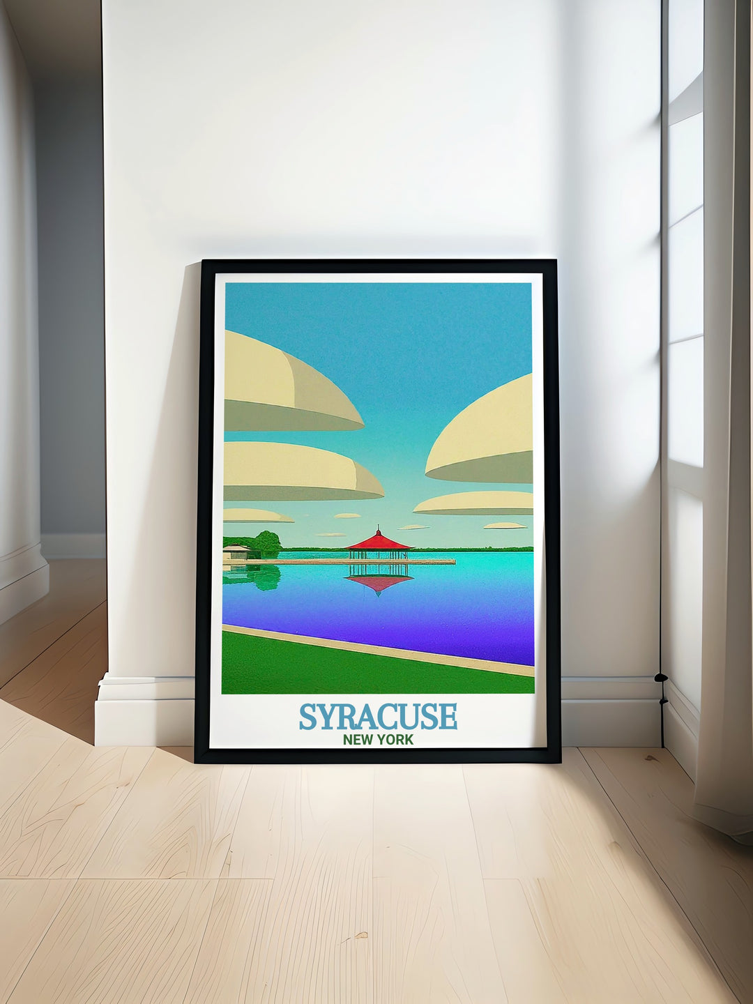 Onondaga Lake Park modern print showcasing the tranquil waters and vibrant sunsets of Syracuse perfect for home decor or as a thoughtful gift capturing the serene beauty of this iconic park ideal for any living room or office space enhancing your interior with elegance