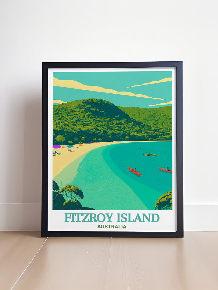 Fitzroy Island poster print showcases the stunning beauty of Australias Welcome Bay, with its turquoise waters and pristine beaches. This travel print brings the tropical charm of Fitzroy Island into your home, making it perfect for nature lovers and coastal décor.