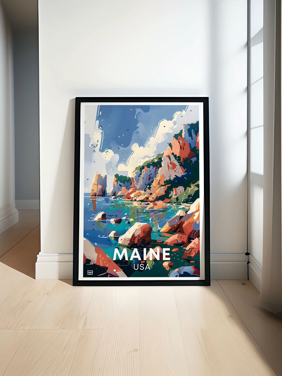 Celebrating the serene ambiance and rugged beauty of Acadia National Park, this travel poster brings the essence of Maines most iconic park into your home decor. Ideal for nature lovers and outdoor enthusiasts, this artwork highlights the parks natural charm and beauty.