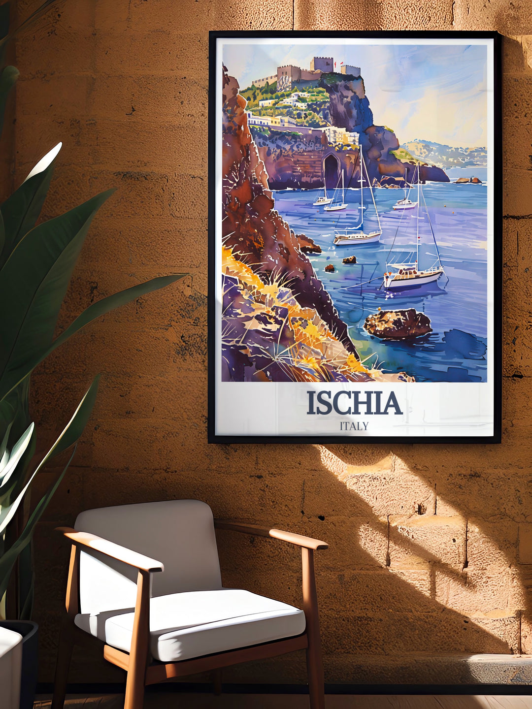 A stunning Ischia poster print, showcasing the majestic Aragonese Castle and serene Maronti Beach. This travel print captures the islands iconic landmarks in exquisite detail, making it a perfect gift for lovers of Italys cultural and natural wonders.