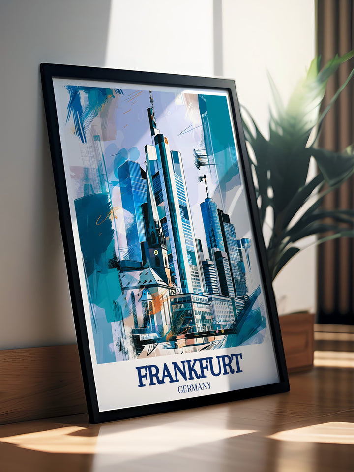 A stunning travel print of Frankfurt, Germany, highlighting the iconic Commerzbank Tower against the citys modern skyline. This artwork captures the architectural brilliance of Frankfurt, showcasing its blend of historical and contemporary elements. Perfect for anyone who loves Germany, this wall art serves as a visual representation of Frankfurts dynamic character. Ideal for decorating homes, offices, or as a unique gift, this print brings the vibrancy of Germanys financial capital into your space.