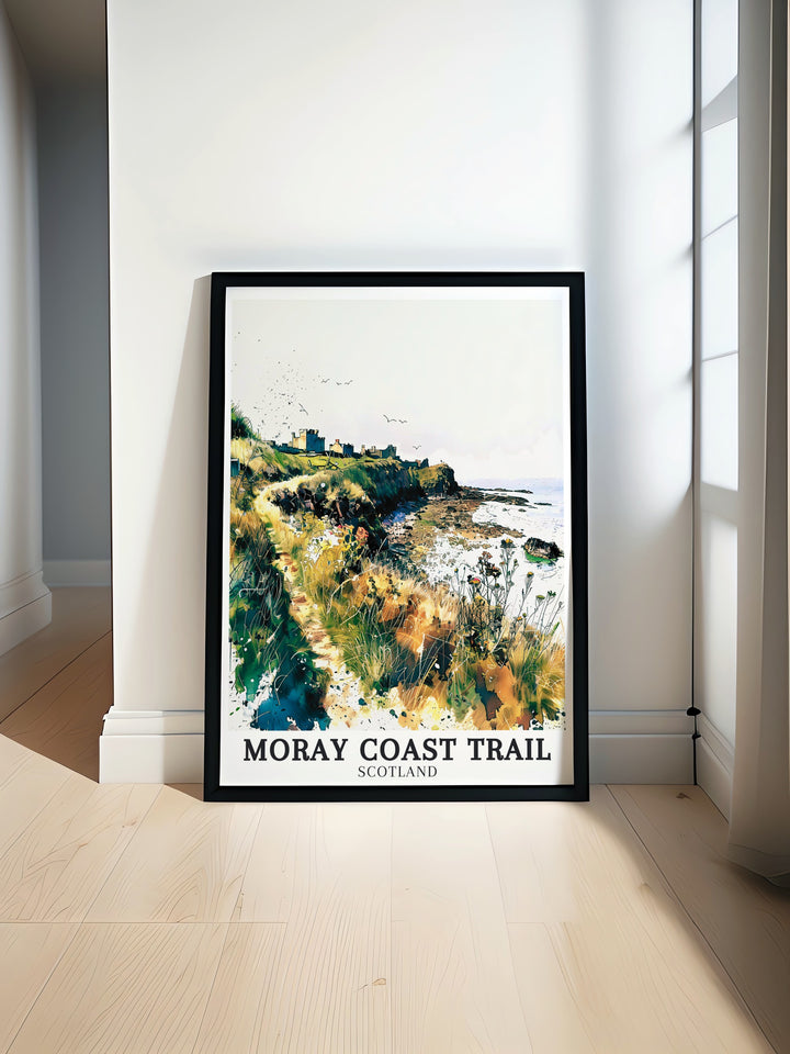 Moray Coast Trail Vintage Poster, a nostalgic representation of Scotlands famous trail, capturing the timeless beauty of the landscape. The poster is perfect for those who cherish classic travel art and the allure of Scotlands outdoor adventures.