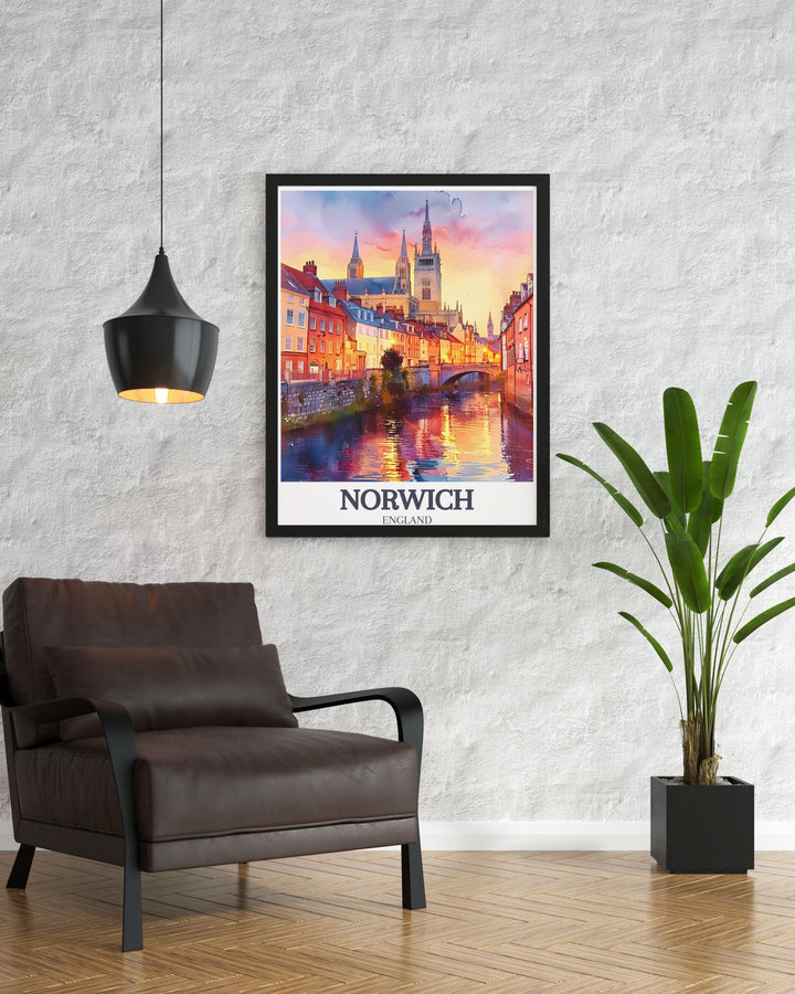 Blakeney Harbour and Norfolk Coast AONB vintage travel print featuring beautiful details of the River Wensum Tudor buildings and The Norwich Cathedral perfect for UK national trail enthusiasts and modern home decor.