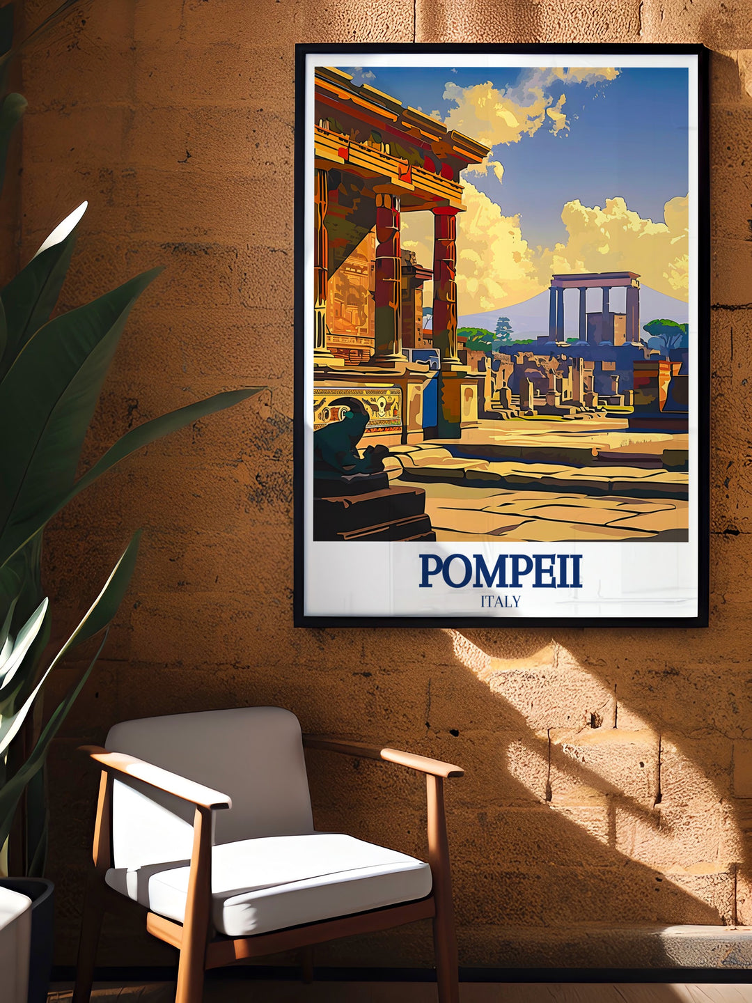 Pompeii wall print featuring the iconic Pompeii Forum and the House of the Faun, two of the most celebrated landmarks of this ancient city. This travel poster is ideal for adding a touch of Roman history and cultural heritage to your home décor.