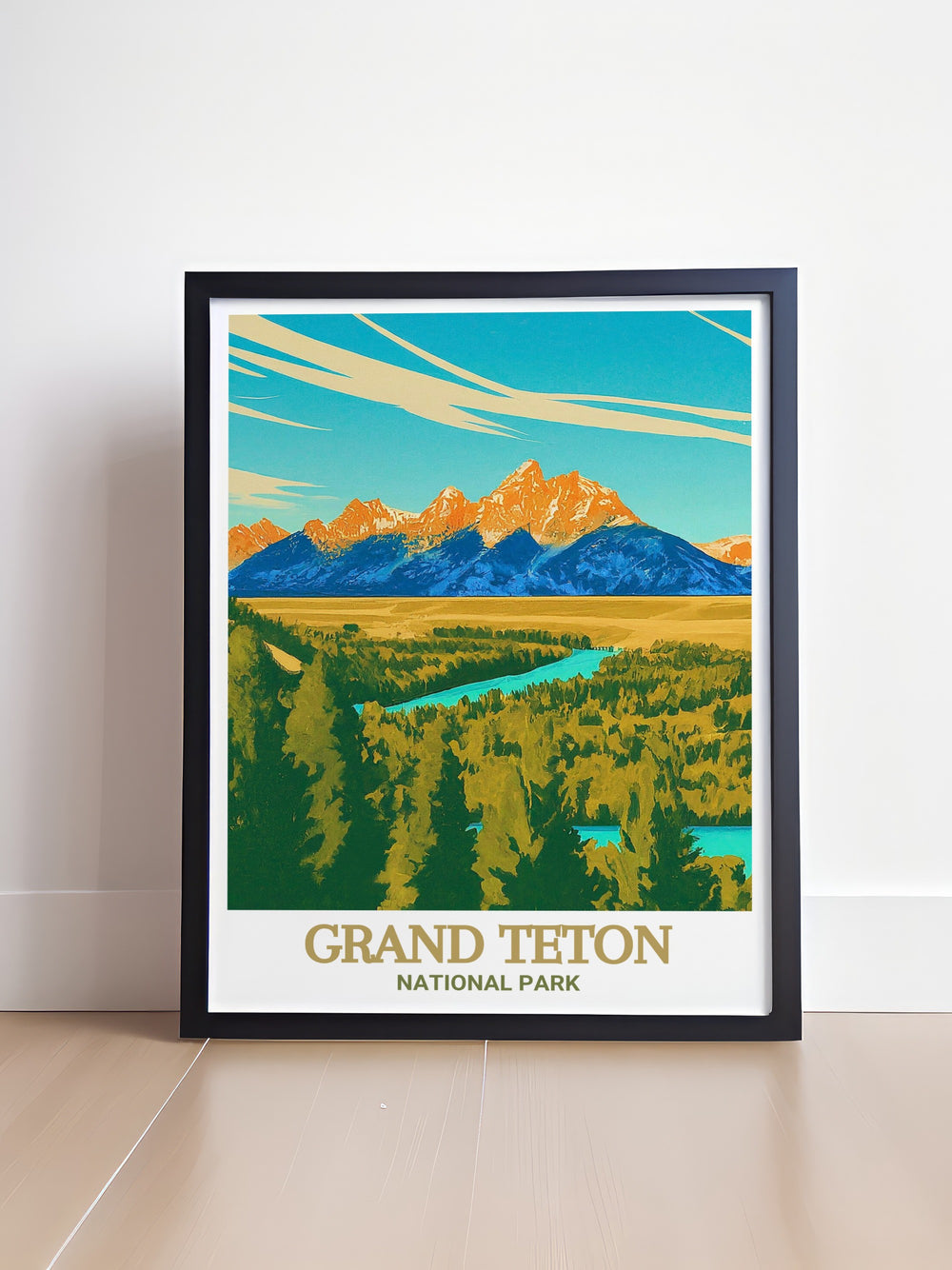 Grand Teton travel poster featuring the iconic view of the Snake River Overlook, capturing the majestic Teton Range reflected in the winding river. This artwork brings the natural splendor of Grand Teton National Park into your home, perfect for those who appreciate the beauty of the American West.