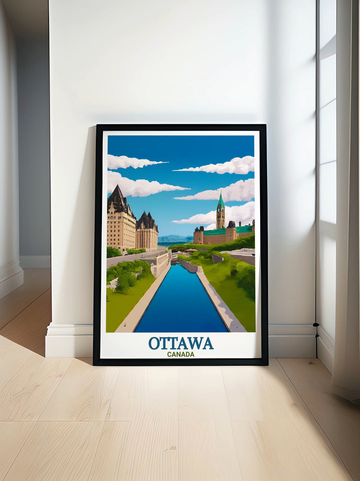 Ottawa Travel Poster Print featuring Rideau Canal perfect for home decor and travel enthusiasts. This stunning artwork showcases Ottawas iconic waterway and offers a beautiful depiction of the citys historic charm and natural beauty