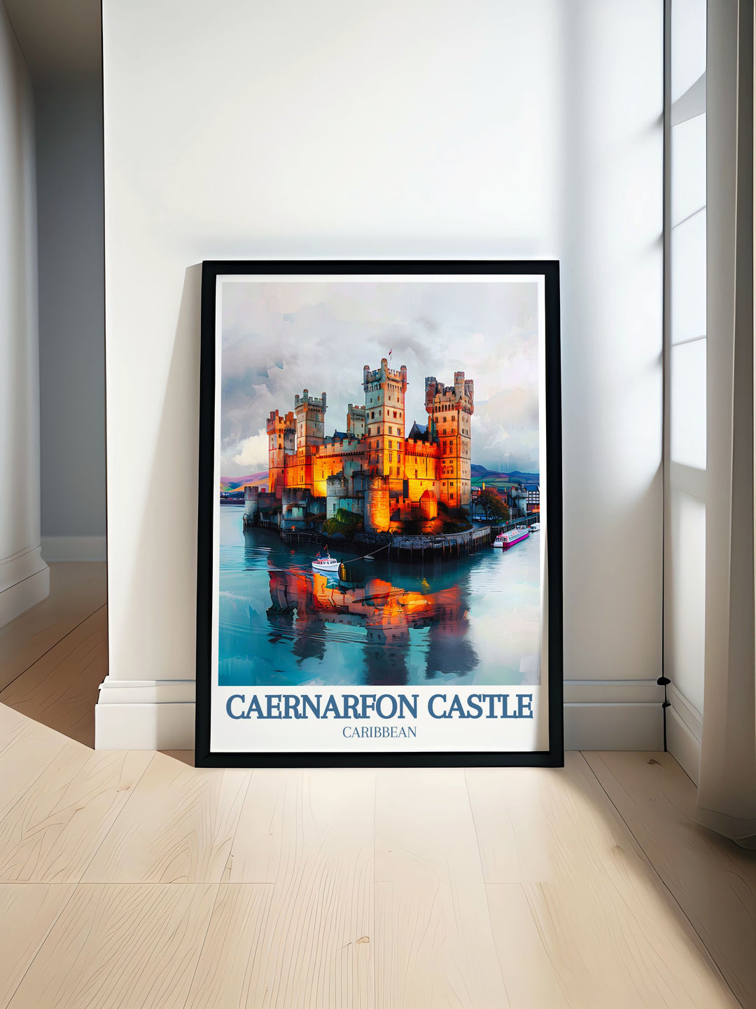 Captivating Caernarfon Castle poster featuring the picturesque Beddgelert Village and the stunning Snowdon Ranger, showcasing the beauty and history of Wales. Perfect for adding a touch of Welsh charm to your home decor.
