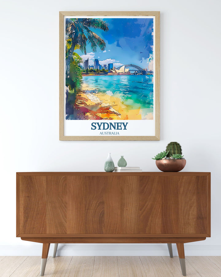 Stunning retro travel poster featuring the Sydney Opera House and Sydney Harbour Bridge a unique piece of Australia art that enhances any room with the charm and allure of Sydneys iconic cityscape