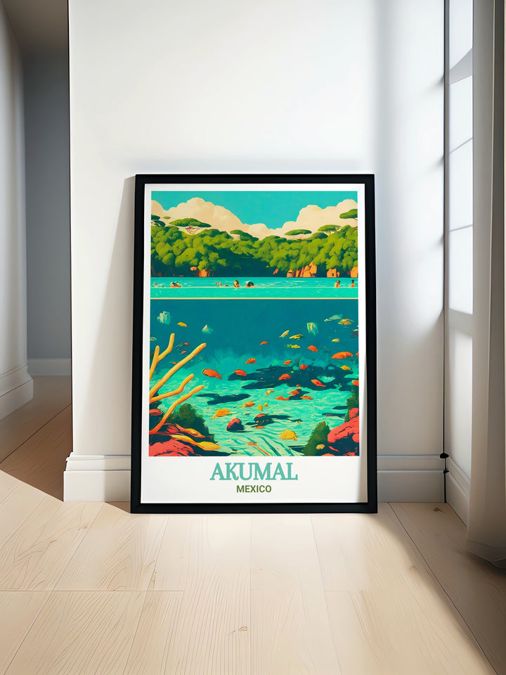 Fine line print of Akumal showcasing vibrant colors and intricate details of Yal Ku Lagoon perfect for modern home decor and unique gifts