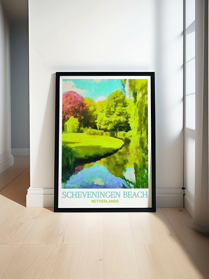 This captivating travel poster of Scheveningen Beach, Netherlands, highlights the serene coastal landscape and the dynamic energy of this popular destination, making it an excellent addition to any wall.