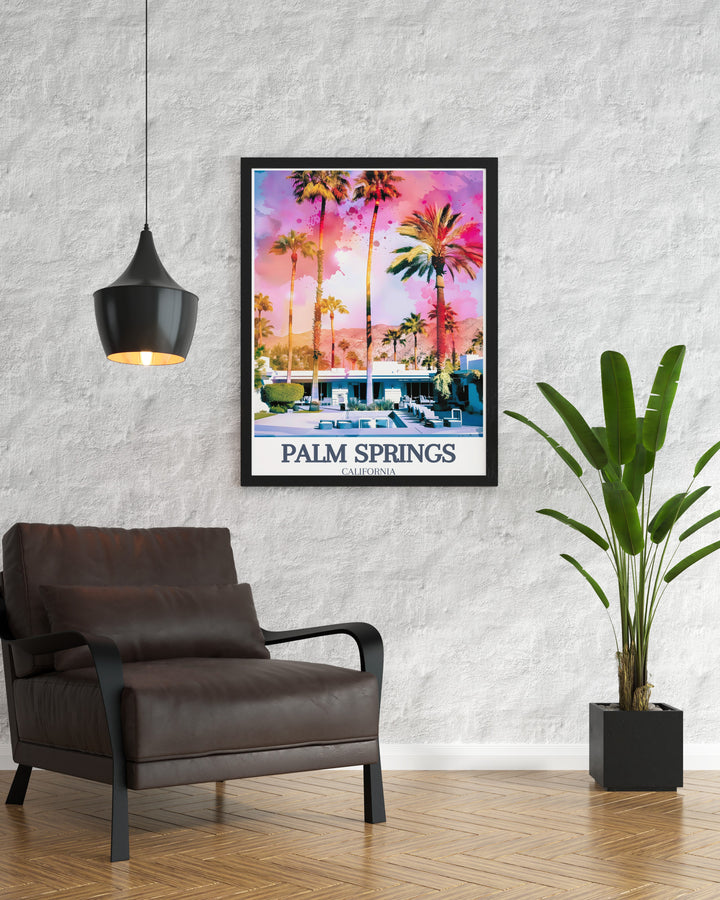 Limon Palm Springs Hotel Travel Print showcasing the retro modern architecture of this iconic California landmark. This piece blends history and art, making it a stylish addition to any home.