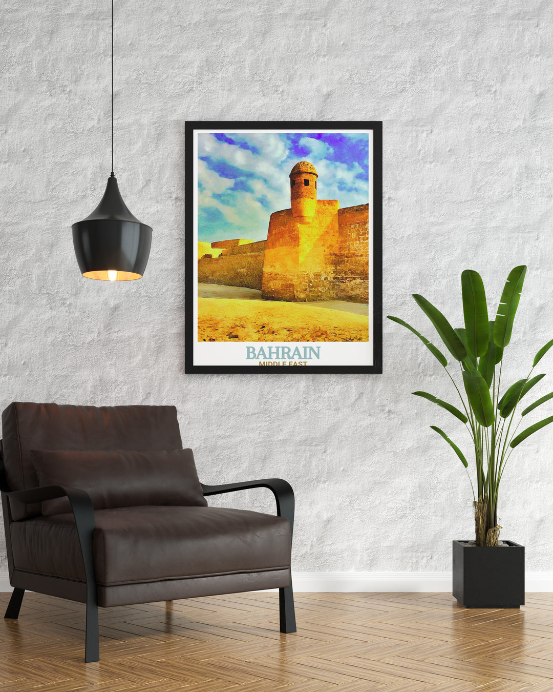 Bahrain Travel Art featuring the iconic Bahrain Fort a perfect addition to any home decor celebrating the intricate architecture and vibrant culture of Bahrain.