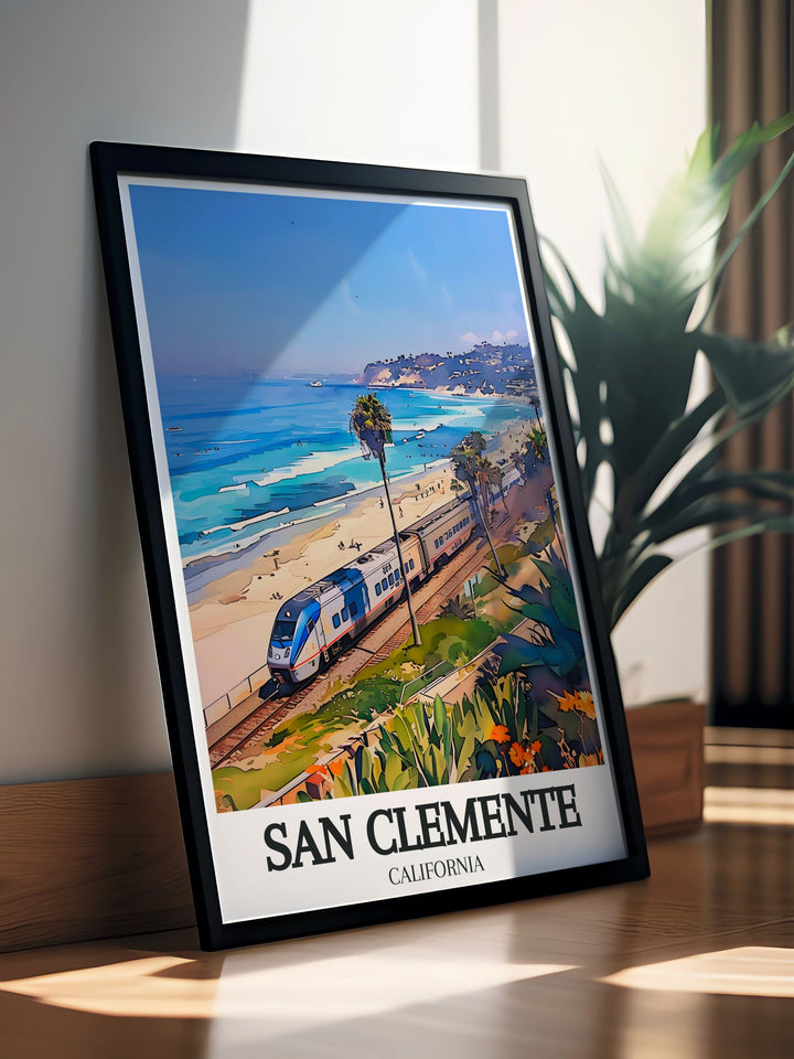 Colorful San Clemente Poster featuring a detailed street map and Railfanning train San Clemente pier. Ideal for those who love modern prints and stylish wall decor this artwork brightens any room.