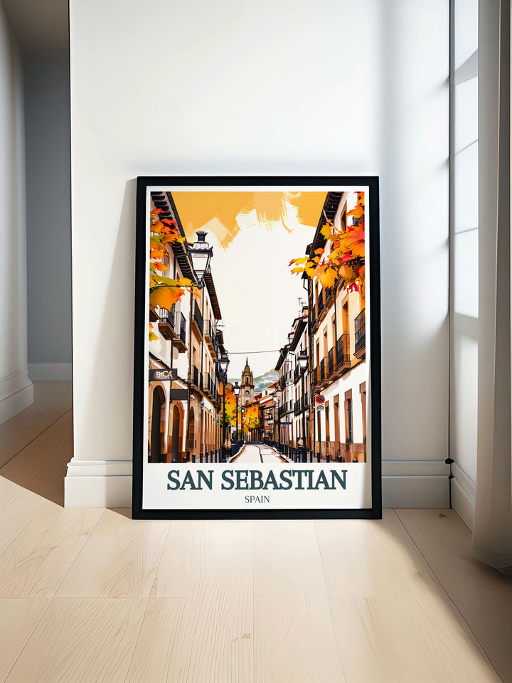 San Sebastian Print featuring Old Town and Buen Pastor Cathedral perfect for adding a touch of elegance to your home decor vibrant and colorful this art print captures the beauty of San Sebastian ideal for anniversary birthday and Christmas gifts