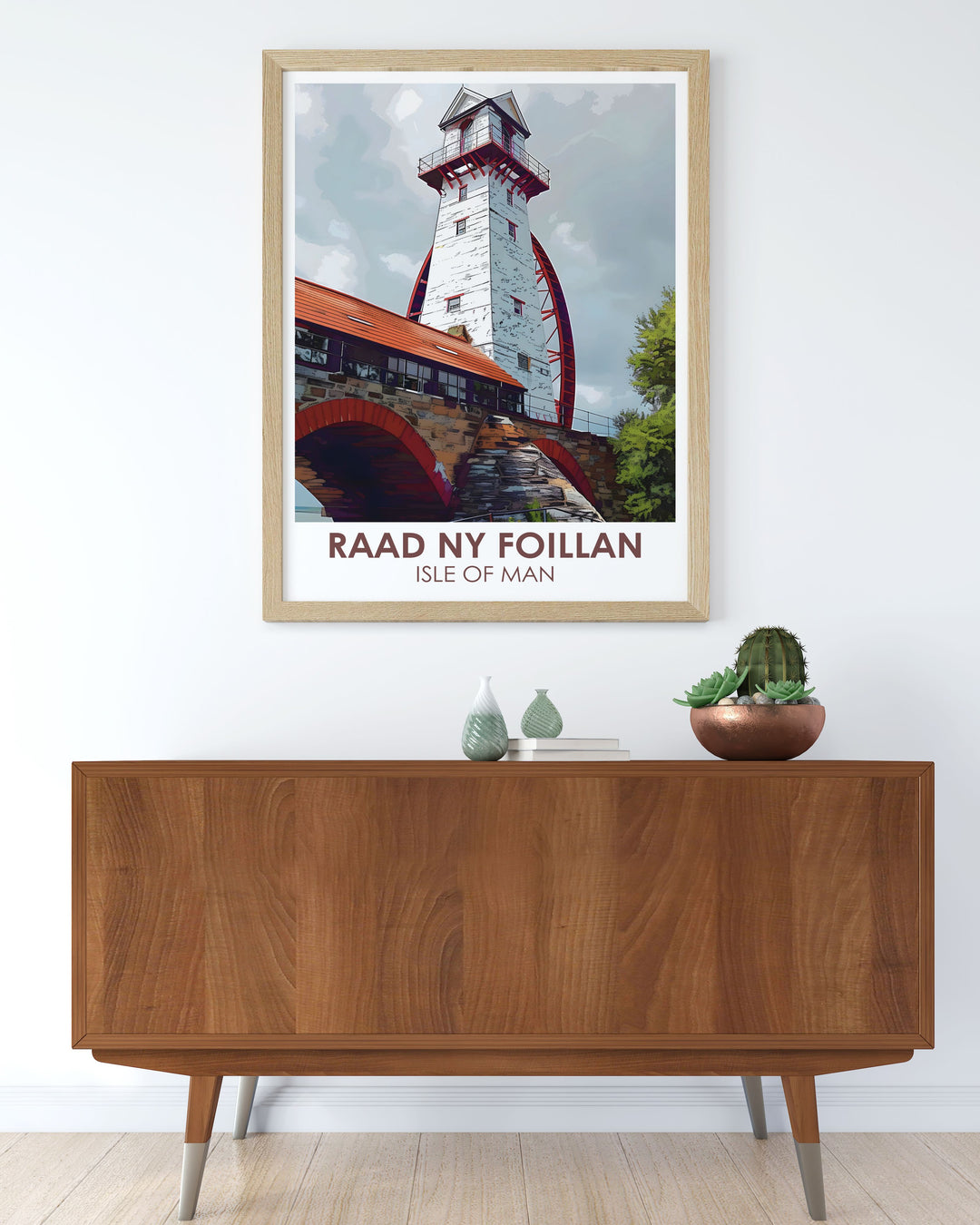 Manx Travel Poster featuring Laxery wheel artwork capturing the essence of the Isle of Mans Coastal Path and scenic views from Douglas Harbour perfect for modern and elegant wall decor