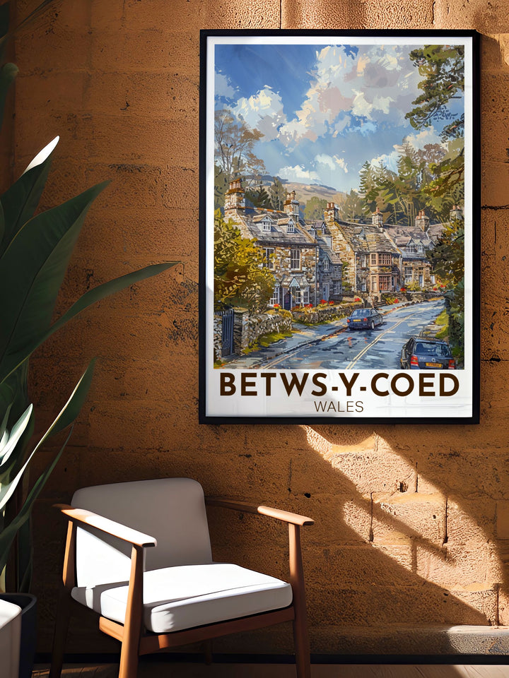 Vintage style Betws y Coed poster highlighting the villages iconic landmarks and natural landscapes a timeless piece of Wales art print that adds charm and elegance to any room.