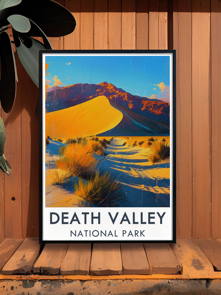 Gallery wall art illustrating the unique landscapes of Death Valley, including the expansive sand dunes of Mesquite Flat and the rugged beauty of the desert.