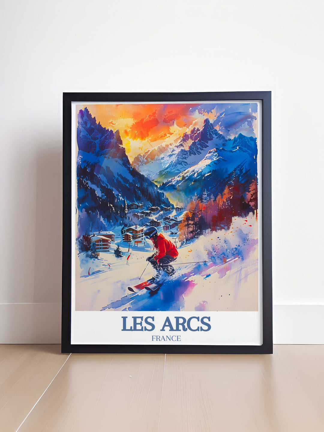Paradiski ski area Mont Blanc wall art showcasing Les Arcs with vibrant snowboarding scenes a beautiful piece for any winter sports enthusiasts home decor collection