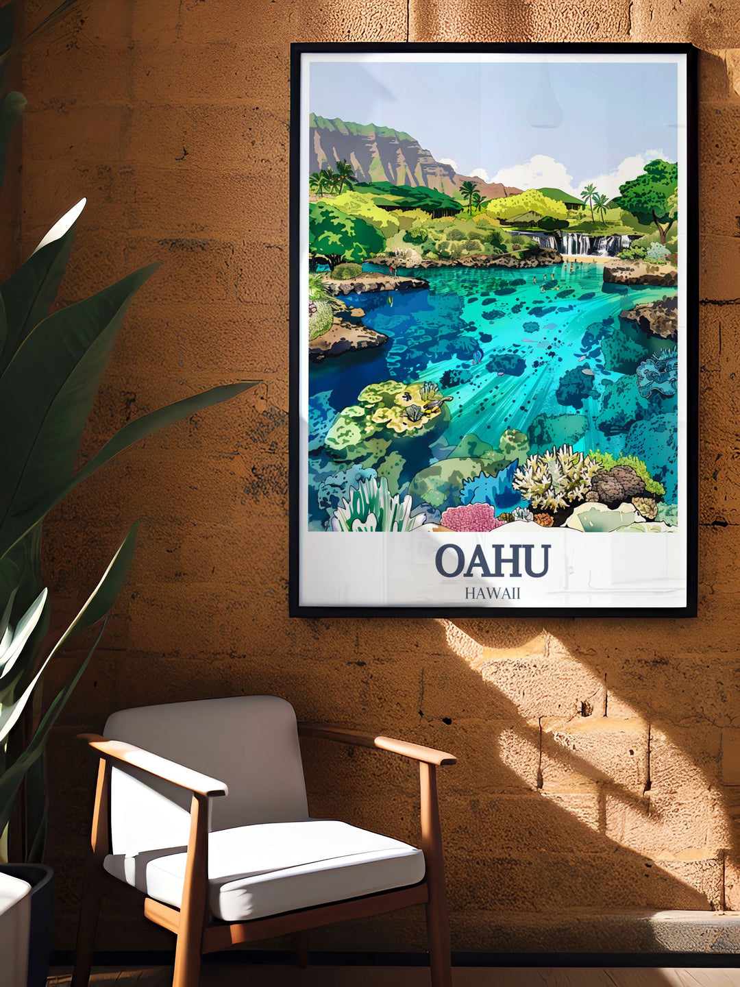 Transform your home with this beautiful Oahu travel print, highlighting Hanauma Bay and Manoa Falls. Ideal for creating a tropical ambiance, this Hawaii wall art makes a great gift for those who love the islands.