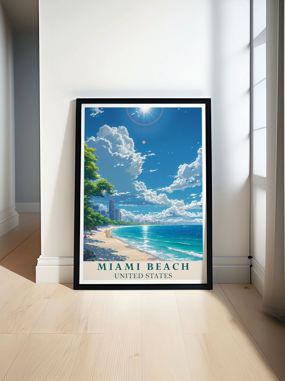 Florida Artwork featuring a vibrant Miami beach scene capturing the lively spirit and beauty of the city perfect for adding a touch of Florida Decor to any space showcasing the stunning cityscape and beachfront.