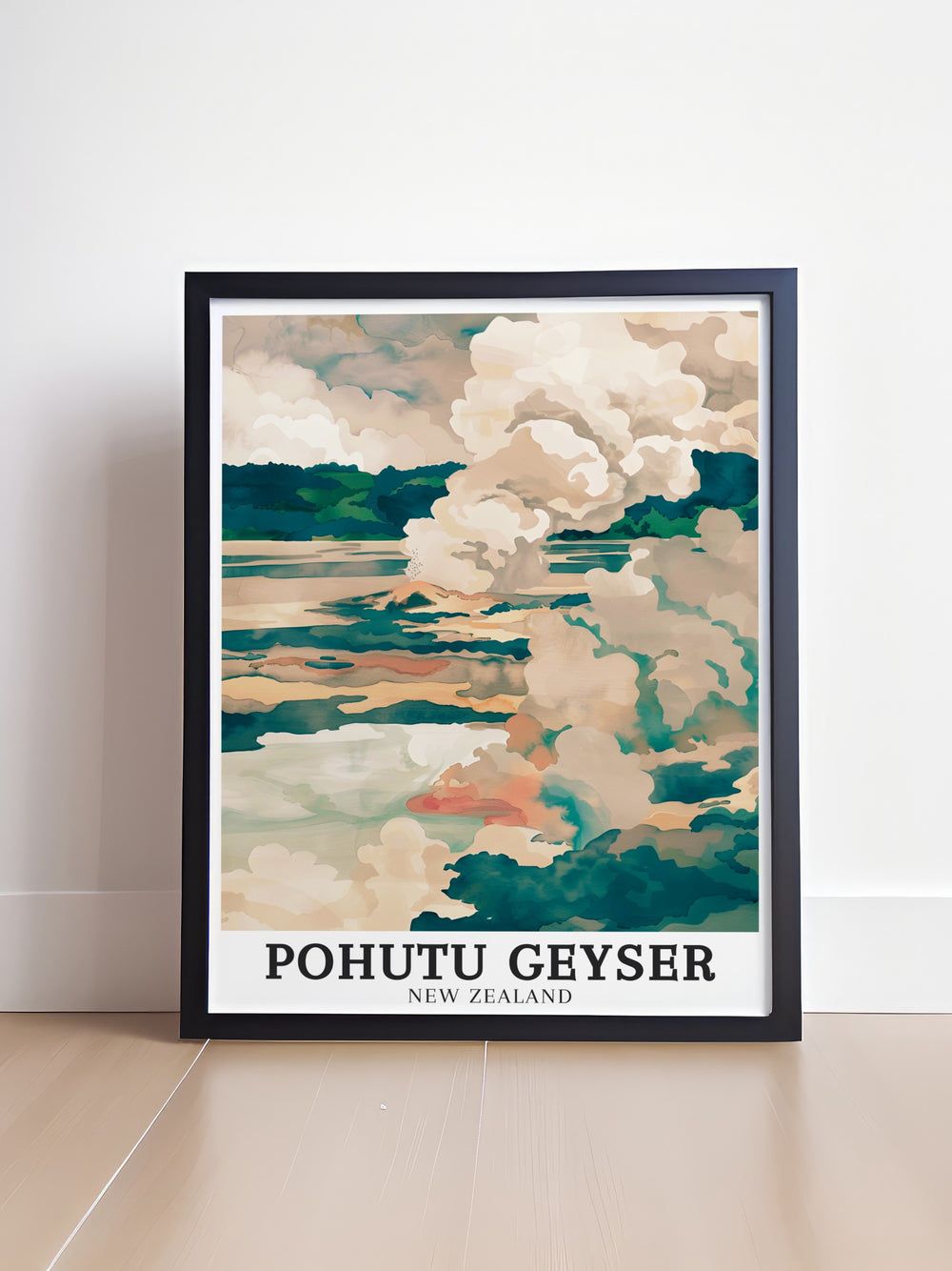 Rotoruas geothermal landmarks are brought to life in this travel print featuring Pohutu Geyser, Wairakei Geothermal Area, and Kuirau Park. Perfect for any home or office, this artwork celebrates New Zealands natural wonders, making it a great gift or addition to your decor.