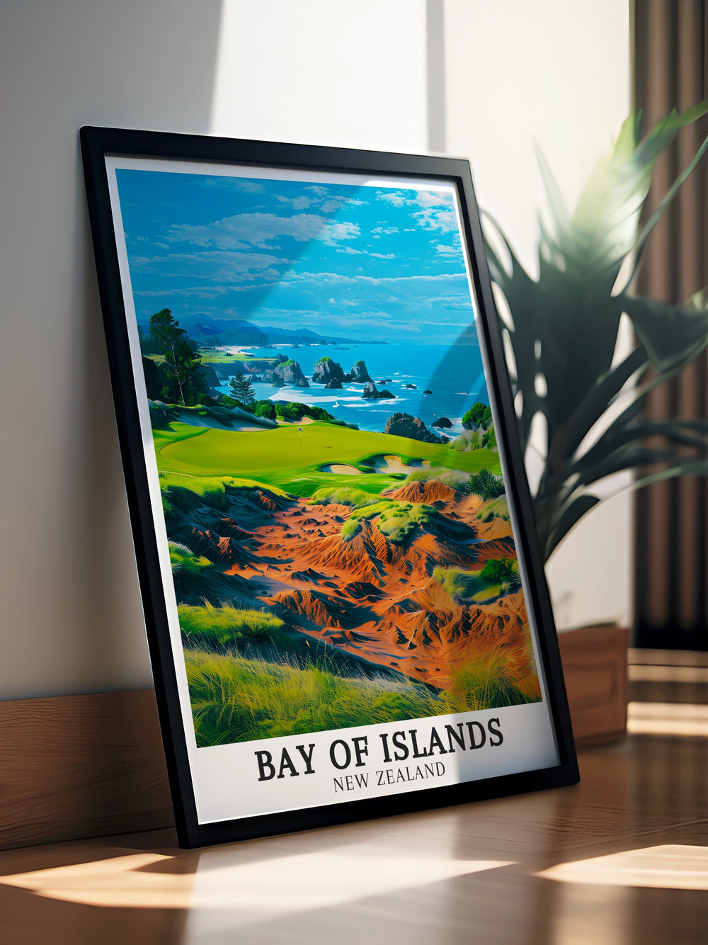 New Zealand Print highlighting the stunning Rosewood Kauri Cliffs and Kauri Golf Course a perfect addition to your art collection bringing the serene beauty of the Bay of Islands into your home ideal for creating a relaxing and sophisticated atmosphere in any room.