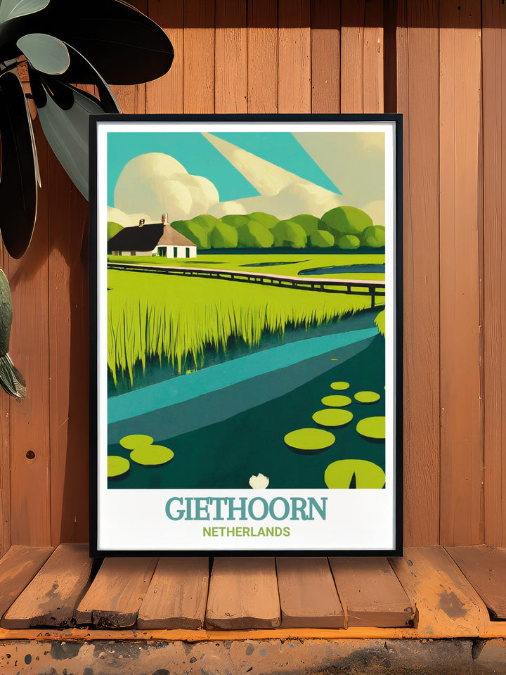 A detailed Giethoorn wall print showcasing the iconic beauty of the Netherlands most picturesque village and the vast Weerribben Wieden National Park. The artwork captures the charm of Giethoorns canals and the natural splendor of the national park, making it an ideal piece for enhancing your home decor.