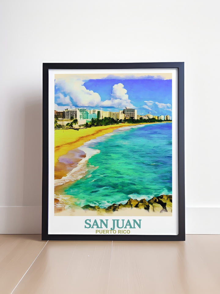 San Juan art featuring Condado Beach is a must have for lovers of Caribbean decor. This modern print captures the vibrant colors and serene beauty of Puerto Ricos coastline and makes a stunning addition to any room or travel inspired home decor.