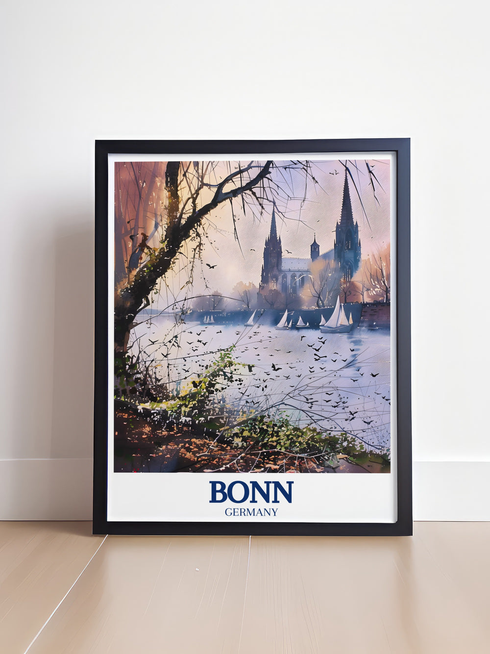 This detailed art print of the Rhine River in Bonn captures the serene beauty of one of Germanys most historic rivers. Ideal for lovers of nature and history, this piece brings the timeless landscape of the Rhine into your home decor, perfect for adding a touch of German heritage to your walls