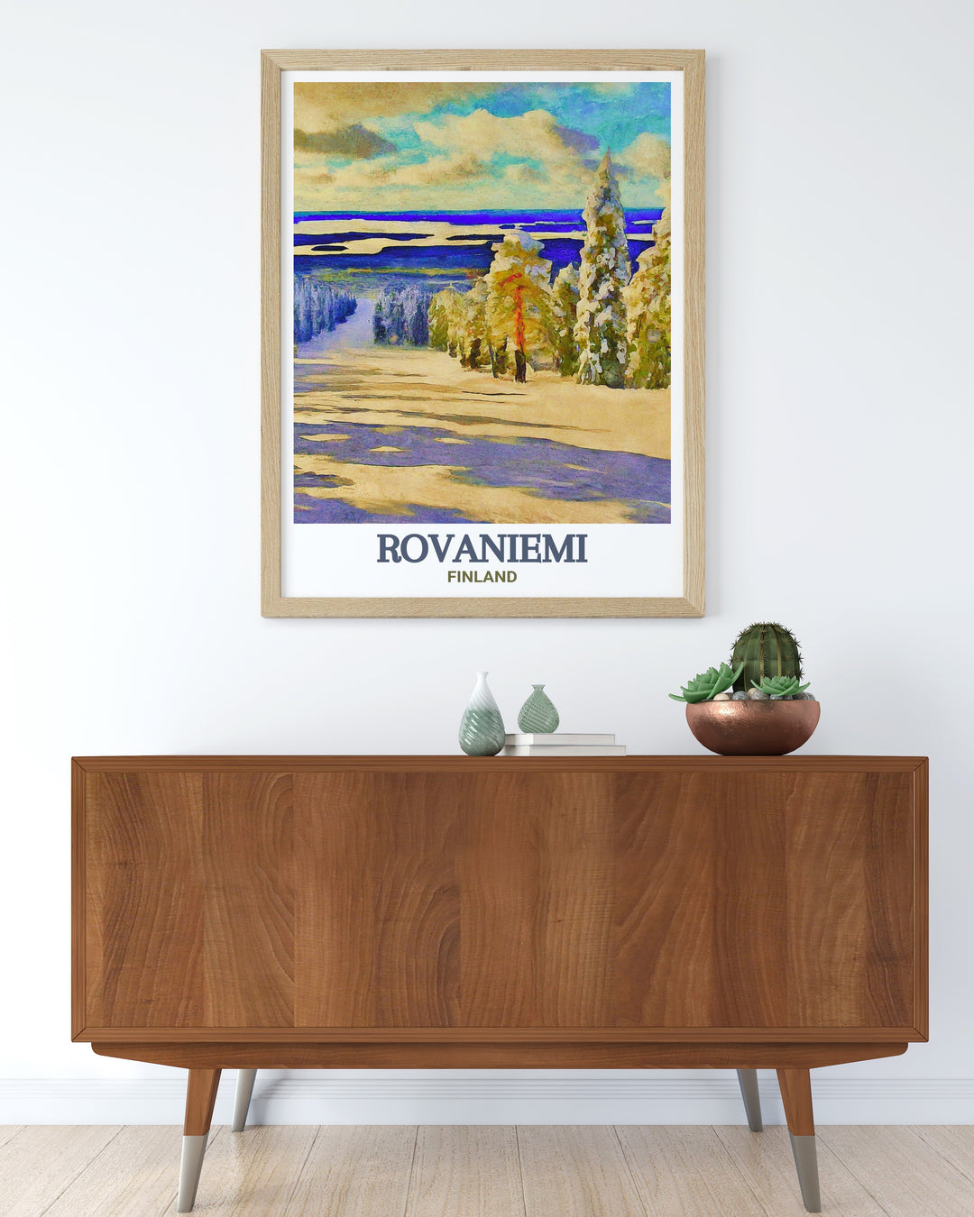 This travel print of Rovaniemi and Ounasvaara Ski Resort in Finland captures the essence of a winter wonderland. The serene landscape, with its snow covered slopes and Northern Lights, is beautifully depicted in this artwork.