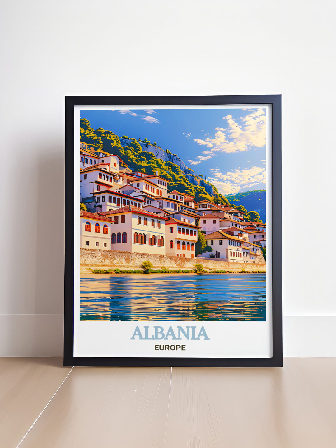 Vintage Albania poster featuring Berats stunning landscapes and city map offering a nostalgic touch to your home decor and making an exceptional birthday gift for travel enthusiasts